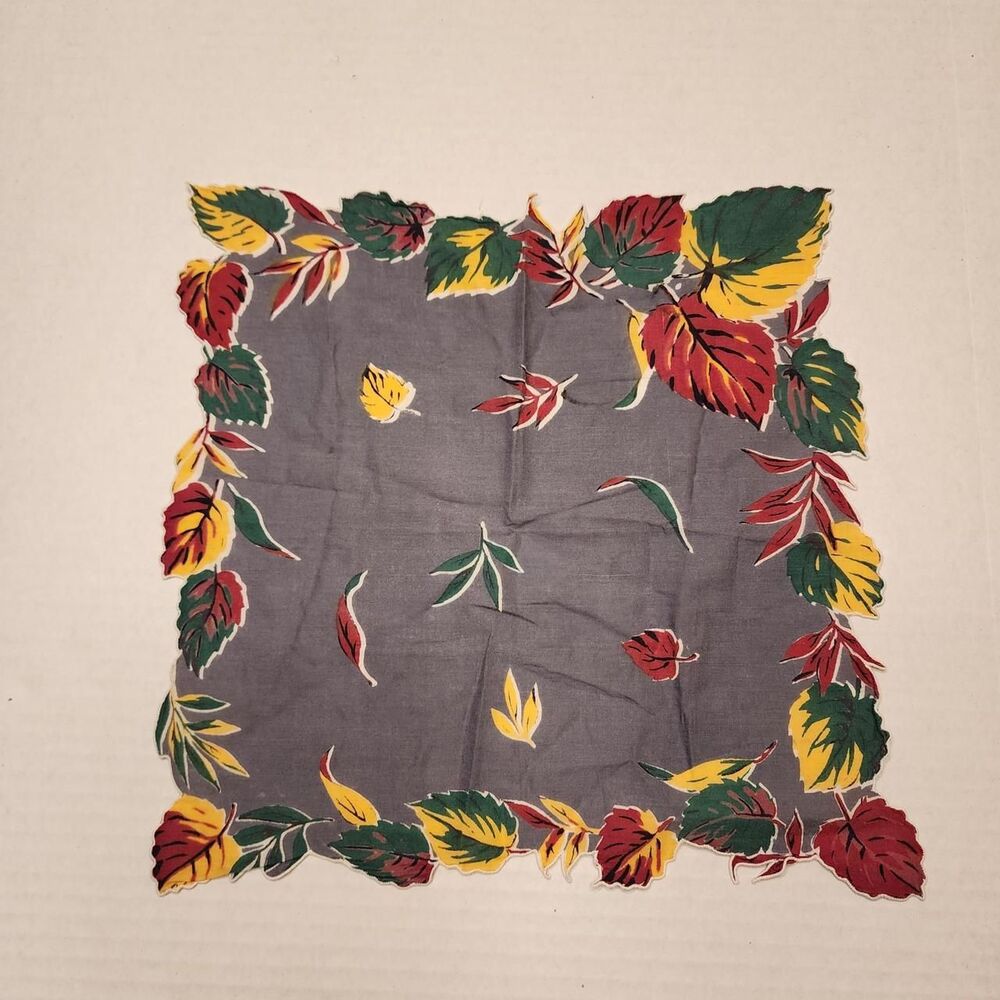 Vintage 1950s Dusky Blue with Leaves Scalloped Edge Hankerchief MCM